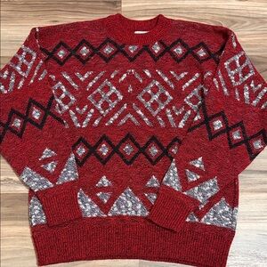 Vintage Le Tigre Red Black Geometric Print Acrylic Knit Sweater Men’s Sz. XL
